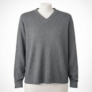 Baracuta Y2K Mens Silk Ribbed V Neck Sweater Gray Size L Preppy Pullover‎ Casual